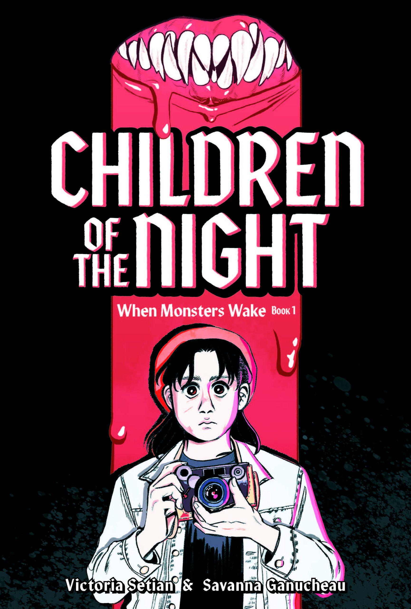 A book cover showing a young woman in a red hat. Behind her blood drips from a fanged mouth.